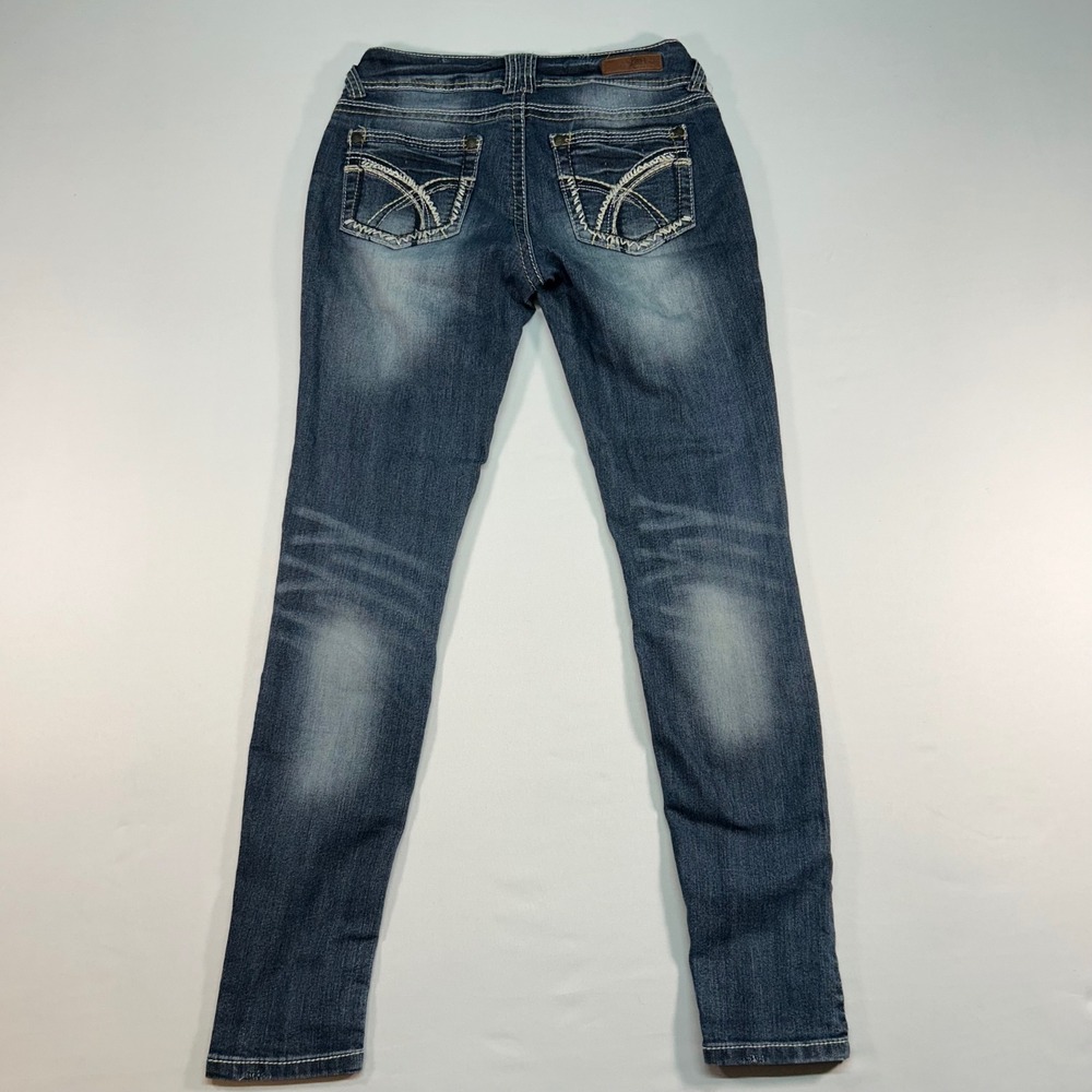 WallFlower Skinny Jeans Womens 3 Dark Wash Whiskered Thick Stitch Denim Low Rise - Picture 7 of 8